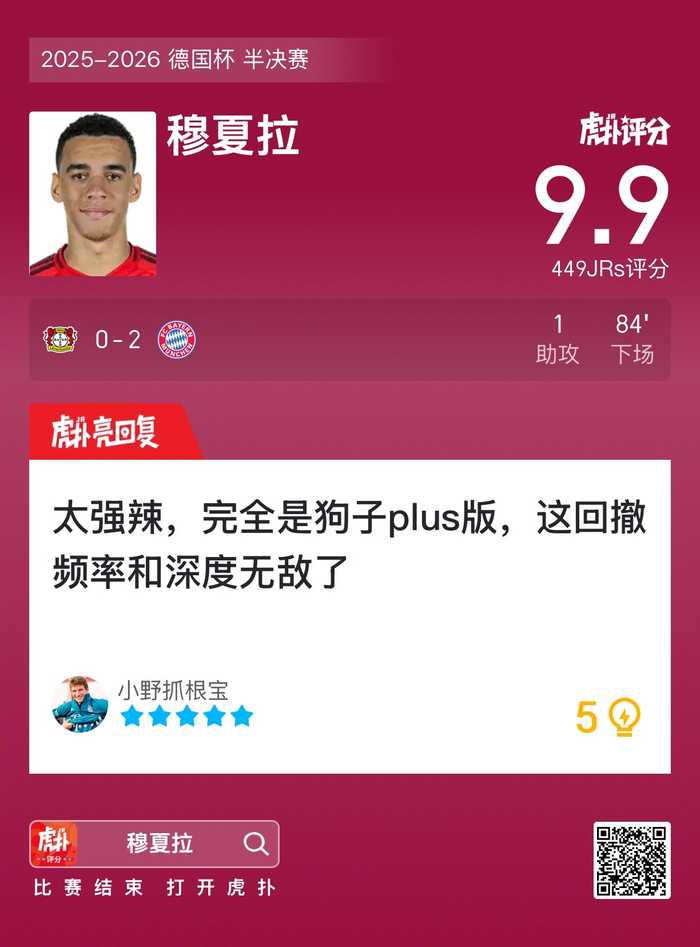 穆夏拉助攻助拜仁2比0胜勒沃库森获评9.9分